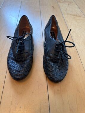 Woven Lace-Up Black Leather Flats